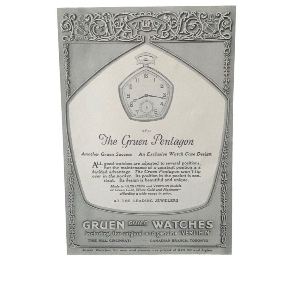 Vintage 1923 Gruen Watch The Pentagon Ad Advertisment